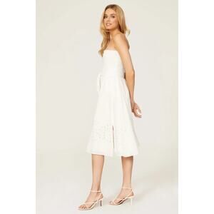 THAKOON Collective Dress White Strapless Smocked Eyelet Tie-Waist Midi, Sz 8
